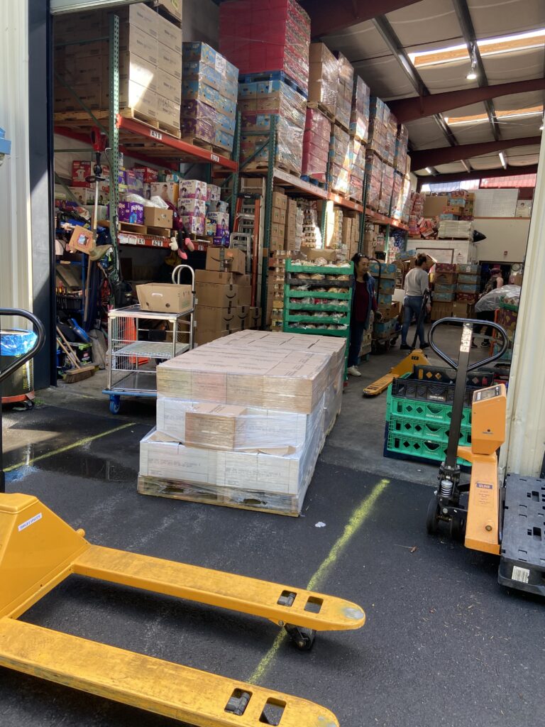 Pallets being stored in the warehouse.